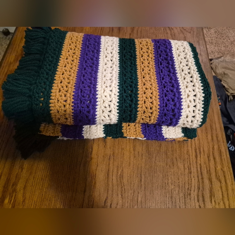 Vintage 70s Striped Crocheted Afghan Blanket with Fringe 61" x 42" Purple Green - Picture 4 of 4